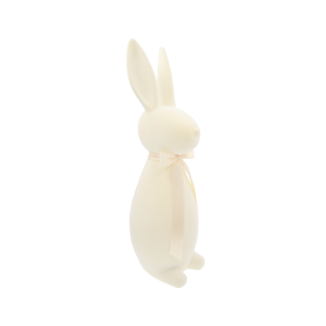 Kremowy zając wielkanocny flokowany o wysokości 47 cm. Ujęcie prezentujące sylwetkę z boku i profil głowy.