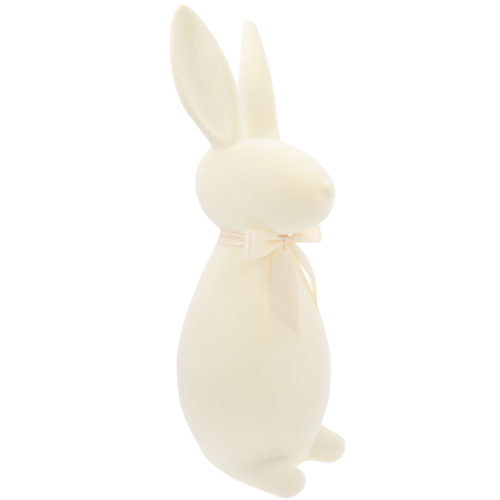 flokowany zając XXL, duży kremowy zając wielkanocny, ekskluzywna dekoracja, elegancka figurka świąteczna, ozdoby wielkanocne, flokowane dekoracje, wiosenne aranżacje, dekoracje do domu i ogrodu, ozdoby świąteczne XXL, stylowe dekoracje wielkanocne