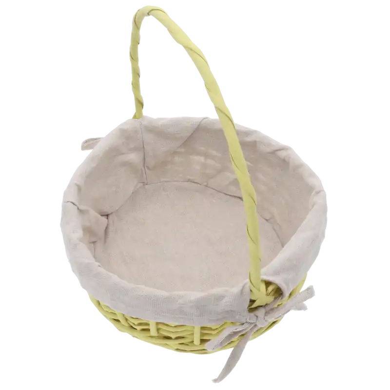 Wnętrze kosza wiklinowego prezentujące wykończenie z materiału. Widoczny kształt misy oraz sposób mocowania rączki do konstrukcji.