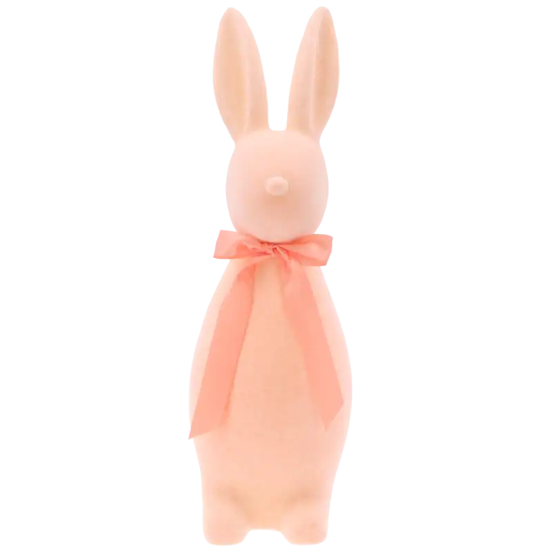 Duży flokowany zając w kolorze łososiowym o wysokości 70 cm. Dekoracja posiada elegancką satynową kokardę na szyi.