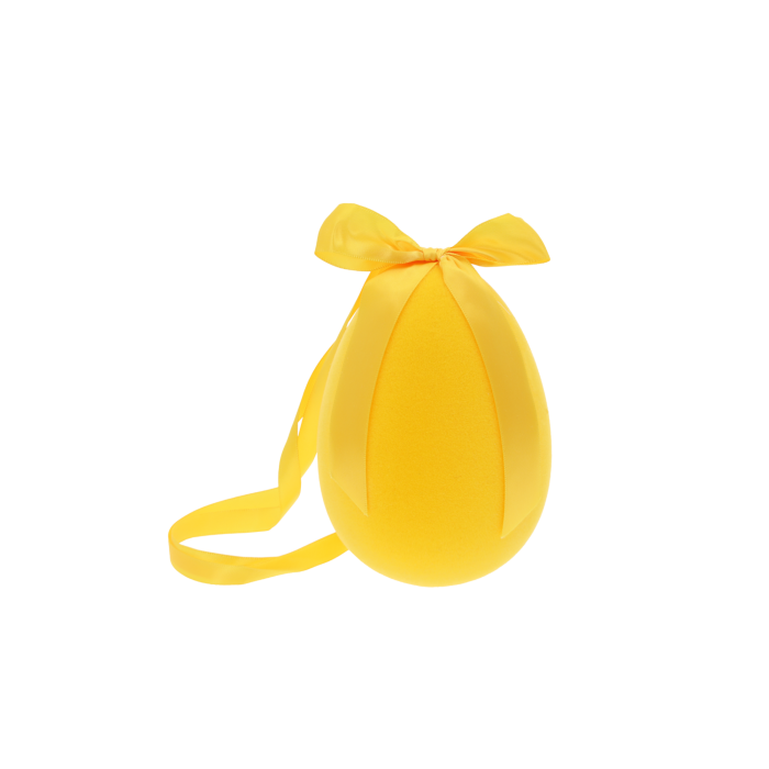 Żółte welurowe jajo o wymiarach 10x7 cm z elegancką kokardą. Pisanki i jaja w tej formie stanowią efektowną zawieszkę wielkanocną, która wzbogaci każdą wiosenną aranżację wnętrza.