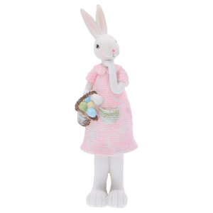 Samodzielna figurka zajączka z koszykiem jajek w różowym stroju. Dekoracja wielkanocna o wysokości 31 cm na jasnym tle.