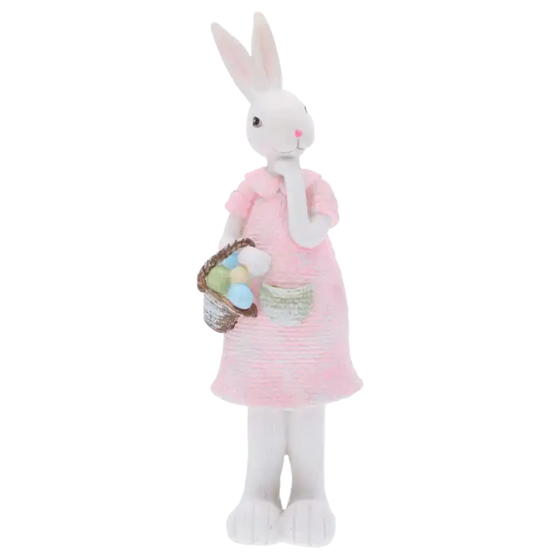 Samodzielna figurka zajączka z koszykiem jajek w różowym stroju. Dekoracja wielkanocna o wysokości 31 cm na jasnym tle.
