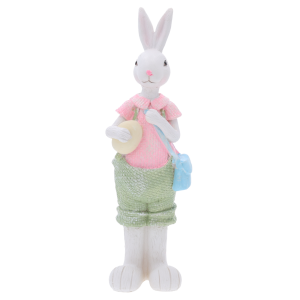 Zajączek wielkanocny z jajkiem o wysokości 31 cm. Figurka w pastelowym ubranku z estetyczną fakturą, idealna ozdoba na Wielkanoc.