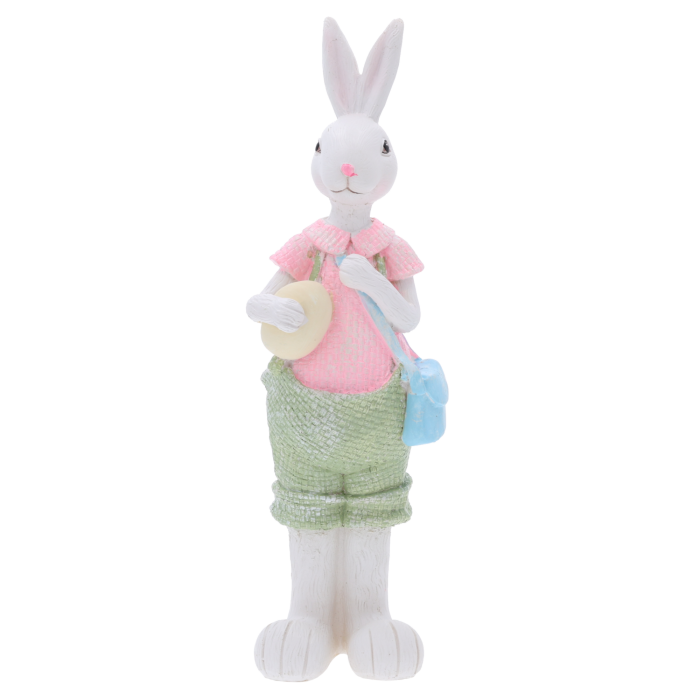 Zajączek wielkanocny z jajkiem o wysokości 31 cm. Figurka w pastelowym ubranku z estetyczną fakturą, idealna ozdoba na Wielkanoc.