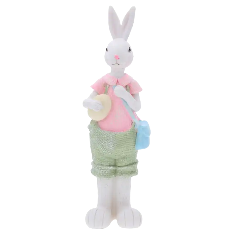 Zajączek wielkanocny z jajkiem o wysokości 31 cm. Figurka w pastelowym ubranku z estetyczną fakturą, idealna ozdoba na Wielkanoc.