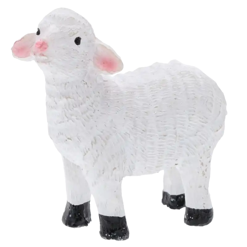 Owieczka dekoracyjna o wysokości 6 cm. Biała figurka z różowymi uszami, idealna do wiosennych stroików wielkanocnych.