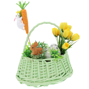 Zastosowanie ozdoby na piku w wielkanocnym koszyku z żółtymi tulipanami i jajeczkami. Dekoracyjny dodatek do domowych aranżacji wiosennych.