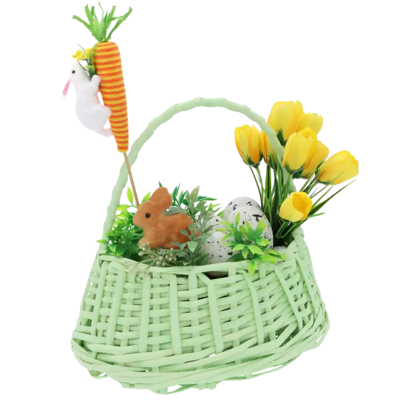 Zastosowanie ozdoby na piku w wielkanocnym koszyku z żółtymi tulipanami i jajeczkami. Dekoracyjny dodatek do domowych aranżacji wiosennych.