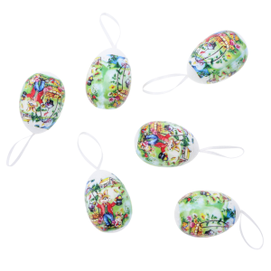 Zestaw 6 lekkich pisanek-zawieszek o wysokości 7 cm. Wielkanocne jaja w kolorowych koszulkach z nadrukiem zająca.
