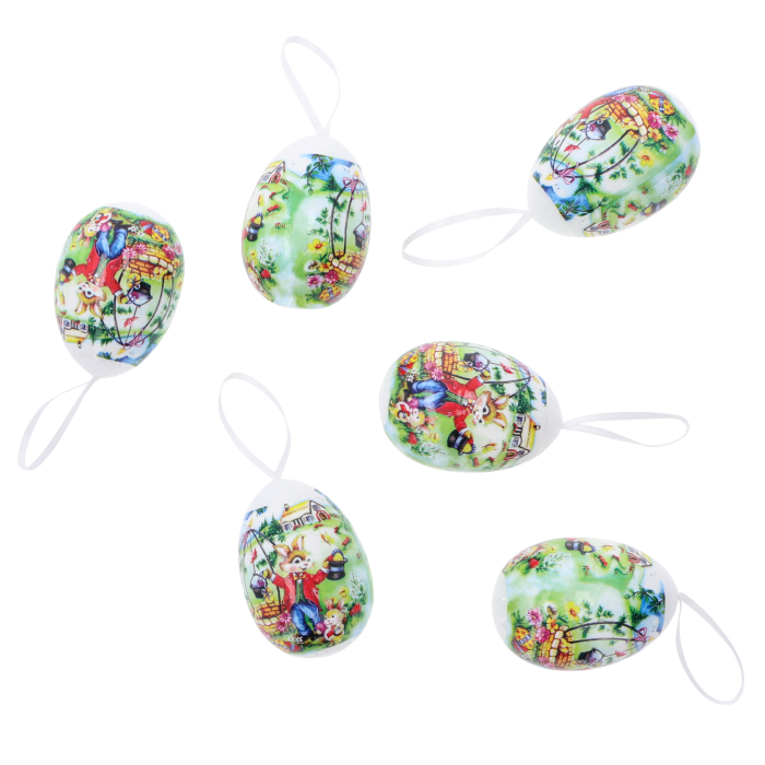 Zestaw 6 lekkich pisanek-zawieszek o wysokości 7 cm. Wielkanocne jaja w kolorowych koszulkach z nadrukiem zająca.