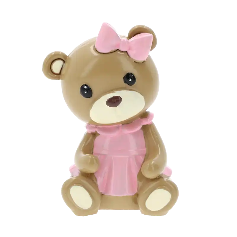 Figurka różowy miś o wysokości 8 cm z różową kokardką i sukienką. Urocza dekoracja dziecięca na prezent na baby shower lub chrzest.