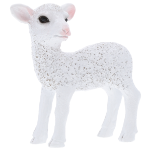 Figurka owieczki o wysokości 8 cm z głową zwróconą lekko w bok. Biała dekoracja z wyraźną fakturą runa, idealna do wiosennych kompozycji stołowych.