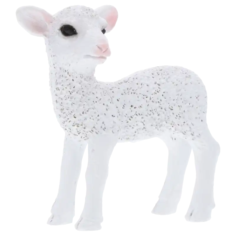 Figurka owieczki o wysokości 8 cm z głową zwróconą lekko w bok. Biała dekoracja z wyraźną fakturą runa, idealna do wiosennych kompozycji stołowych.
