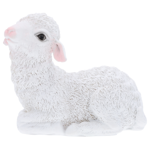 Biała owieczka dekoracyjna o wysokości 14 cm. Figurka w pozycji leżącej to idealna ozdoba na Wielkanoc i wiosenny stroik.