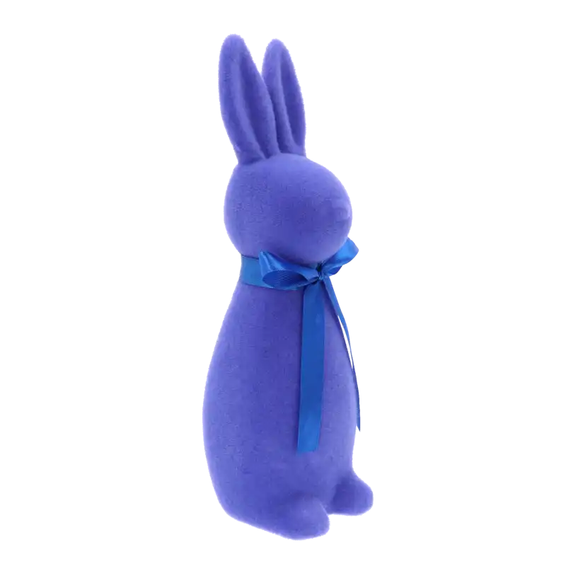 Widok z boku na niebieskiego zająca 30 cm pokrytego miękkim w dotyku flokiem, ozdobionego elegancką satynową wstążką na szyi.