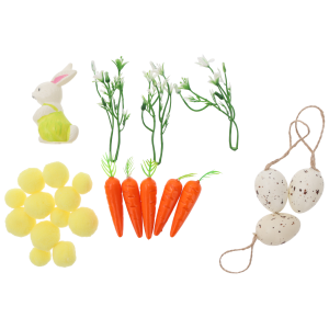 Zestaw wielkanocny DIY zawierający nakrapiane jajeczka, figurkę zajączka, marchewki, żółte pompony oraz gałązki. Kompletny zestaw artykułów dekoracyjnych do tworzenia unikalnych ozdób świątecznych w domu.
