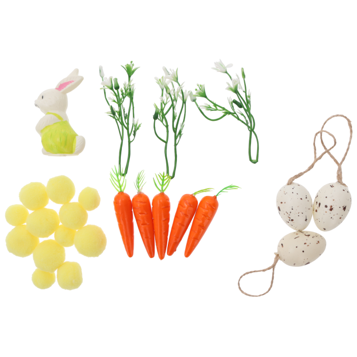 Zestaw wielkanocny DIY zawierający nakrapiane jajeczka, figurkę zajączka, marchewki, żółte pompony oraz gałązki. Kompletny zestaw artykułów dekoracyjnych do tworzenia unikalnych ozdób świątecznych w domu.