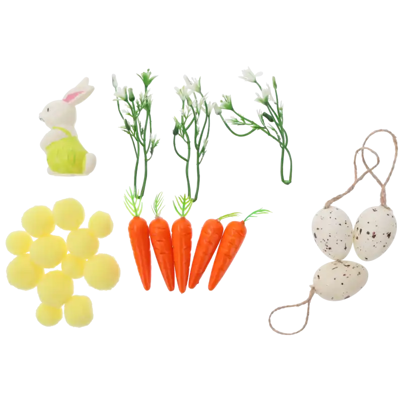 Zestaw wielkanocny DIY zawierający nakrapiane jajeczka, figurkę zajączka, marchewki, żółte pompony oraz gałązki. Kompletny zestaw artykułów dekoracyjnych do tworzenia unikalnych ozdób świątecznych w domu.