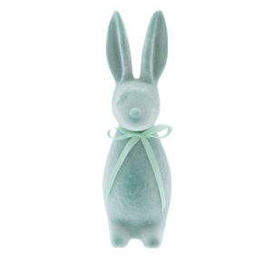Turkusowy flokowany zając o wysokości 30 cm, ozdobiony satynową kokardą. Nowoczesna figurka wielkanocna prezentowana na wprost.