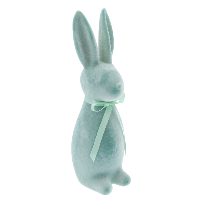 Flokowany zając turkusowy 30 cm, dekoracje na stół wielkanocny, tanie ozdoby homla, nowoczesne dekoracje świąteczne, flokowane ozdoby wielkanocne.
