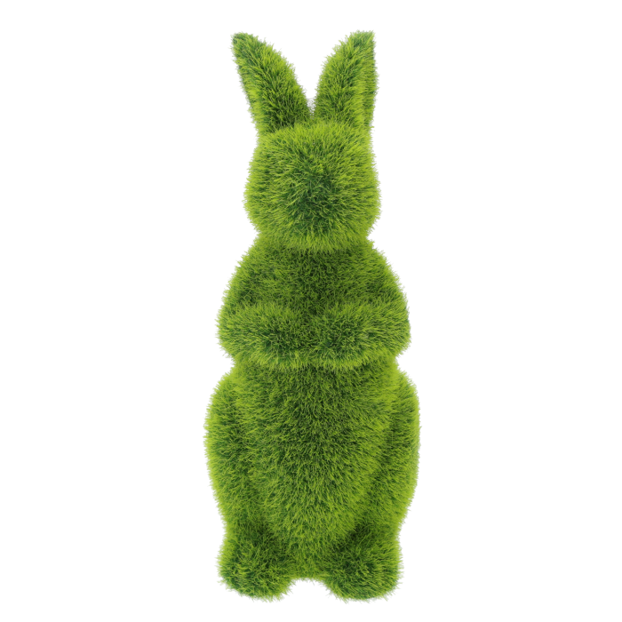 Zielony stojący flokowany zając o wysokości 18 cm. Figurka w wiosennym kolorze stanowi nowoczesną dekorację wielkanocną na stół.