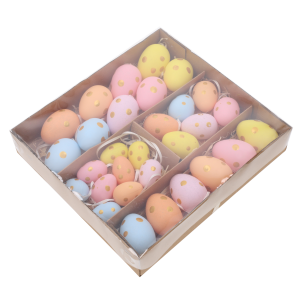 Zestaw 30 pisanek i jaj wielkanocnych w złote kropki. Ozdoby na wstążkach w pastelowych barwach, starannie ułożone w prezentowym kartoniku z przezroczystym wieczkiem.