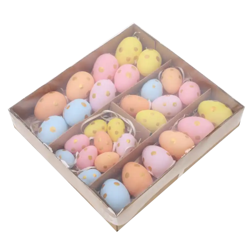 Zestaw 30 pisanek i jaj wielkanocnych w złote kropki. Ozdoby na wstążkach w pastelowych barwach, starannie ułożone w prezentowym kartoniku z przezroczystym wieczkiem.