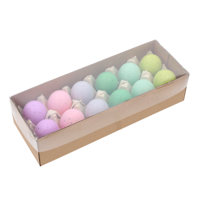 Zestaw 12 wielkanocnych pisanek w pastelowych kolorach o wysokości 6 cm, zapakowanych w estetyczne pudełko z przezroczystym wieczkiem, gotowych do użycia w stroikach.