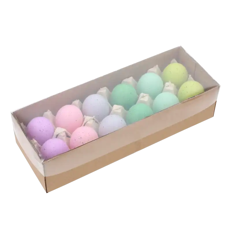 Zestaw 12 wielkanocnych pisanek w pastelowych kolorach o wysokości 6 cm, zapakowanych w estetyczne pudełko z przezroczystym wieczkiem, gotowych do użycia w stroikach.