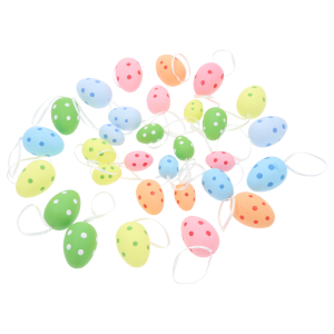 Zestaw 30 zawieszek w kształcie jaj. Wielokolorowe pisanki z kropkami, każda posiada wstążeczkę do wygodnego zawieszania w świątecznych stroikach.