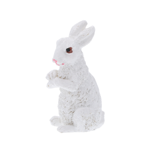 Biały zajączek wielkanocny o wysokości 7 cm w pozycji stojącej, prezentujący detale figurki wykonanej z tworzywa.