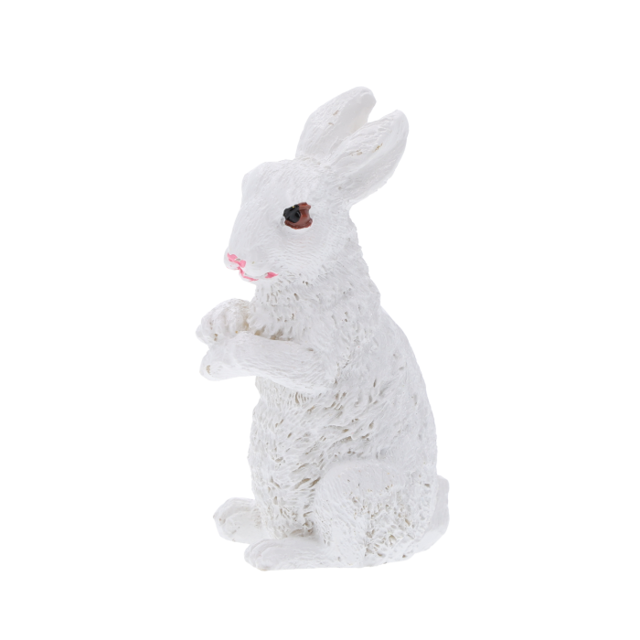Biały zajączek wielkanocny o wysokości 7 cm w pozycji stojącej, prezentujący detale figurki wykonanej z tworzywa.