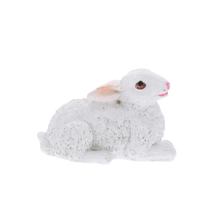 Biały zajączek o wymiarach 4x6 cm, urocza figurka wielkanocna w pozycji leżącej, idealna do wiosennych stroików.