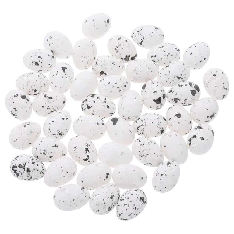 Zestaw 42 sztuk białych nakrapianych jajeczek styropianowych o wymiarach 2,5x2 cm. Lekkie pisanki i jaja idealne do świątecznych kompozycji wielkanocnych i wiosennych stroików.
