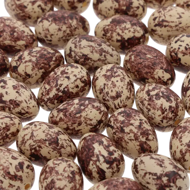 Zbliżenie na strukturę brązowych jajeczek z nakrapianym motywem. Widać detal powierzchni tworzywa oraz różnorodność plamek na każdej sztuce.