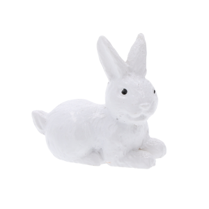 Widok z profilu na białą figurkę zajączka o wymiarach 3,5 cm na 3,5 cm, stanowiącą klasyczny akcent wielkanocnych aranżacji.