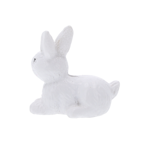 Miniaturowy zajączek w białym kolorze, ujęty z boku, idealny do dekoracji małych kompozycji świątecznych.