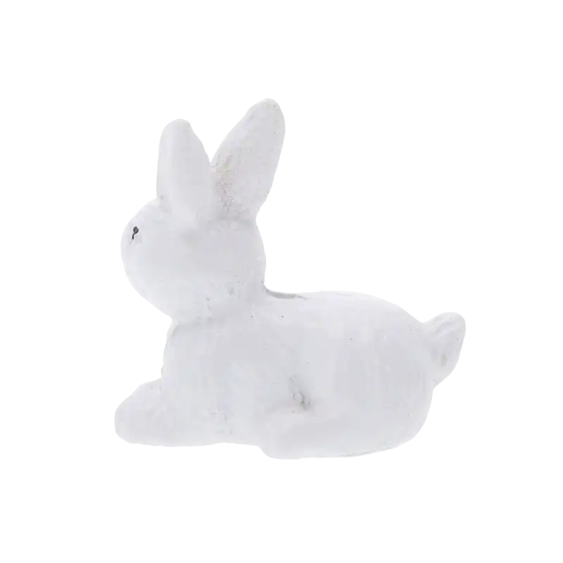 Miniaturowy zajączek w białym kolorze, ujęty z boku, idealny do dekoracji małych kompozycji świątecznych.
