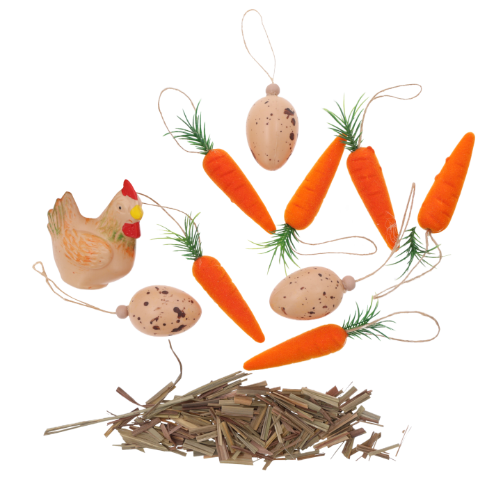 Widok na drobne elementy zestawu wielkanocnego, w tym kropkowane pisanki ze wstążeczkami, marchewki z zielonymi akcentami oraz naturalne sianko. Zestaw pozwala na kreatywne łączenie ozdób w świąteczne kompozycje.