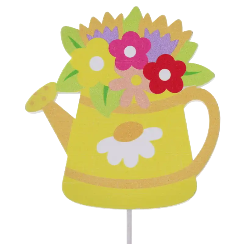 Żółta konewka na piku o wymiarach 6x6 cm, ozdobiona motywem kwiatów. Idealna jako ozdoby na piku do wiosennych stroików i roślin.