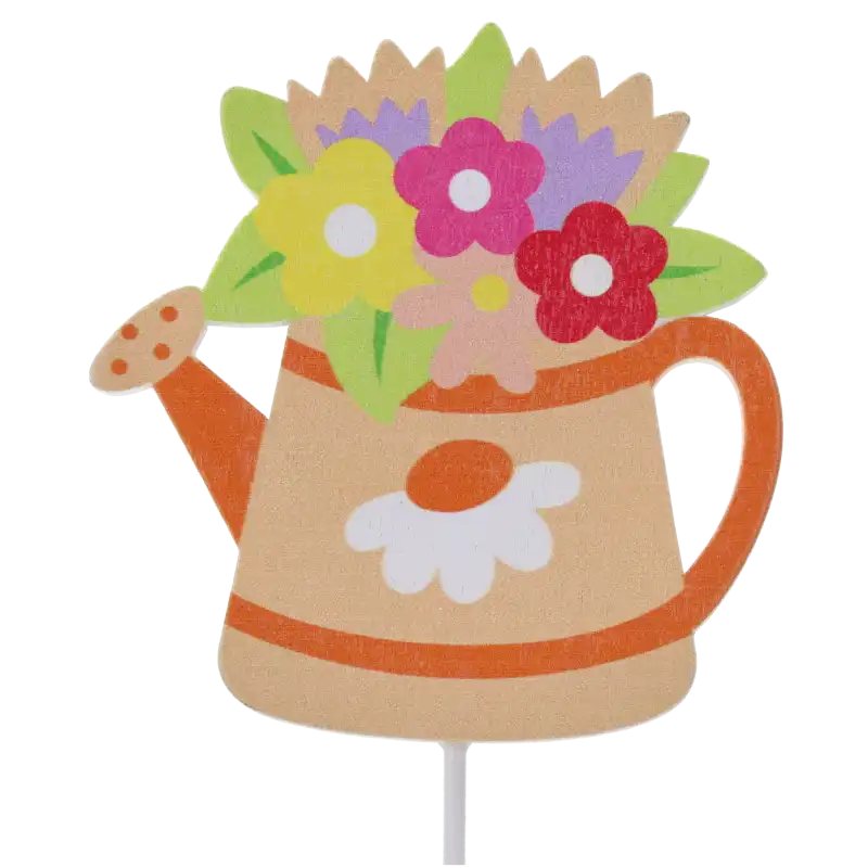 Pomarańczowa konewka na piku 6x6 cm z kwiatowym motywem. Wiosenna ozdoba na piku do roślin doniczkowych i stroików.