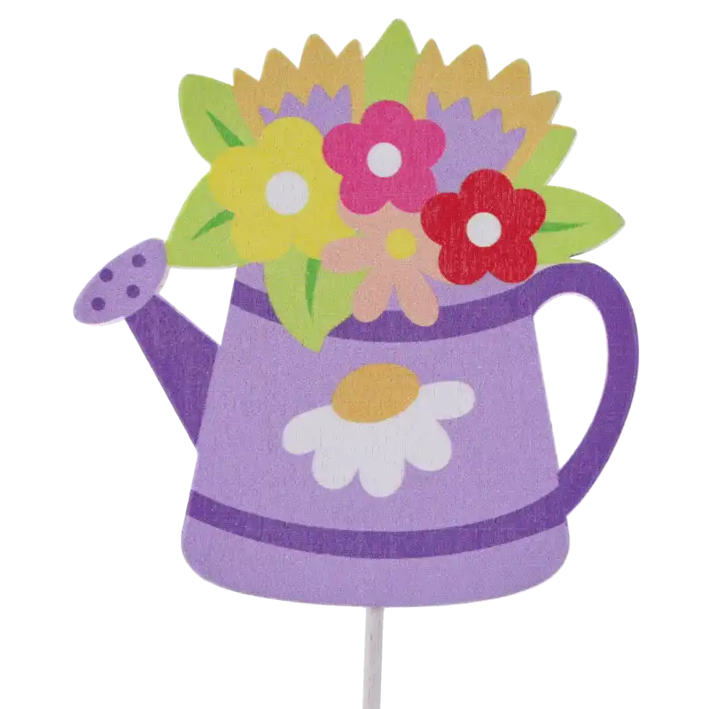 Fioletowa konewka na piku o wymiarach 6x6 cm z kolorowym motywem kwiatowym, idealna jako ozdoba na piku do bukietów.