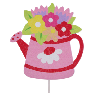 Różowa konewka na piku o wymiarach 6x6 cm to dekoracja z kwiatowym motywem, idealna jako ozdoby na piku do bukietów i roślin doniczkowych.