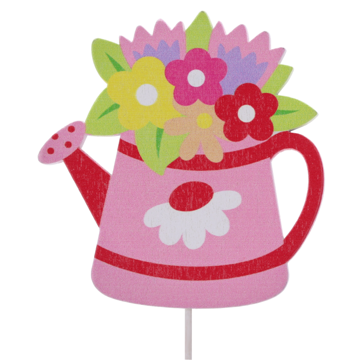 Różowa konewka na piku o wymiarach 6x6 cm to dekoracja z kwiatowym motywem, idealna jako ozdoby na piku do bukietów i roślin doniczkowych.