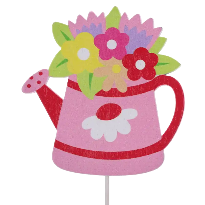 Różowa konewka na piku o wymiarach 6x6 cm to dekoracja z kwiatowym motywem, idealna jako ozdoby na piku do bukietów i roślin doniczkowych.