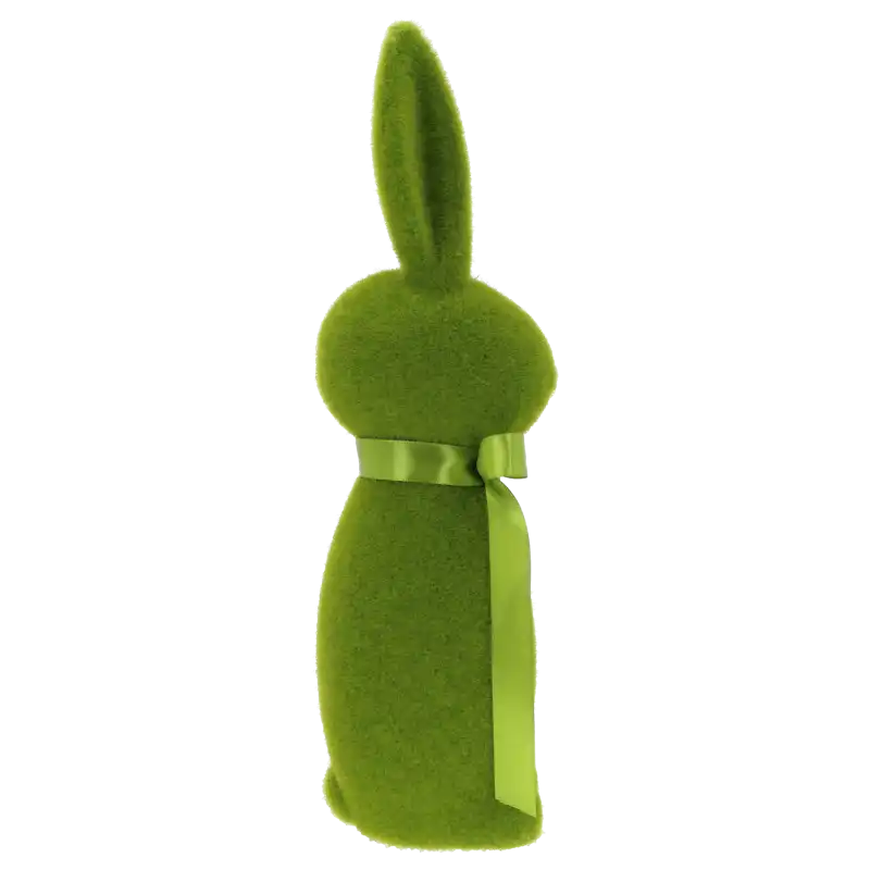 Profil zielonego zająca 40 cm pokrytego miękkim włosiem. Figurka posiada prostą, minimalistyczną formę z ozdobną kokardą.