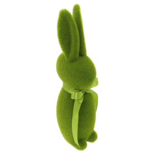 Prezentacja zielonego zająca 40 cm z perspektywy bocznej. Wyraźnie widoczna struktura flokowania oraz eleganckie wykończenie.