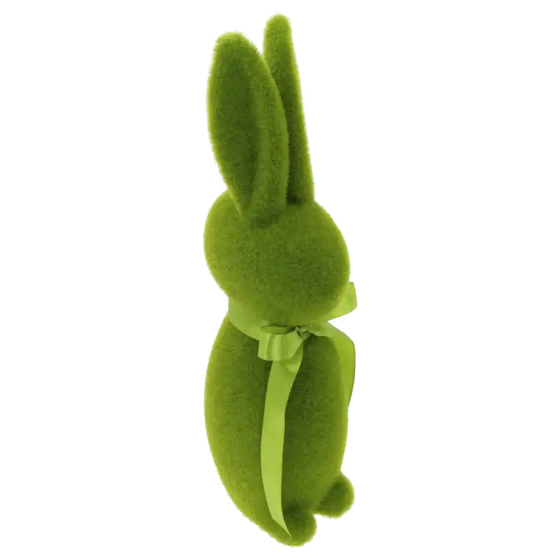 Prezentacja zielonego zająca 40 cm z perspektywy bocznej. Wyraźnie widoczna struktura flokowania oraz eleganckie wykończenie.