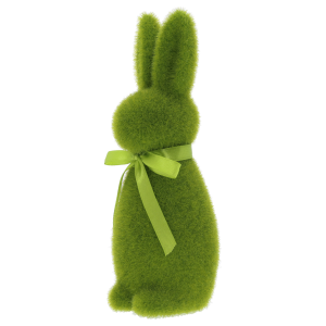 Zielony zając flokowany o wysokości 20 cm, uchwycony z boku. Elegancki element dekoracji świątecznej, który łatwo wkomponuje się w każdą wielkanocną kompozycję.